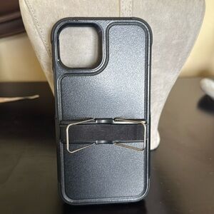 iPhone 13 hardshell case with stand and elastic strap on back